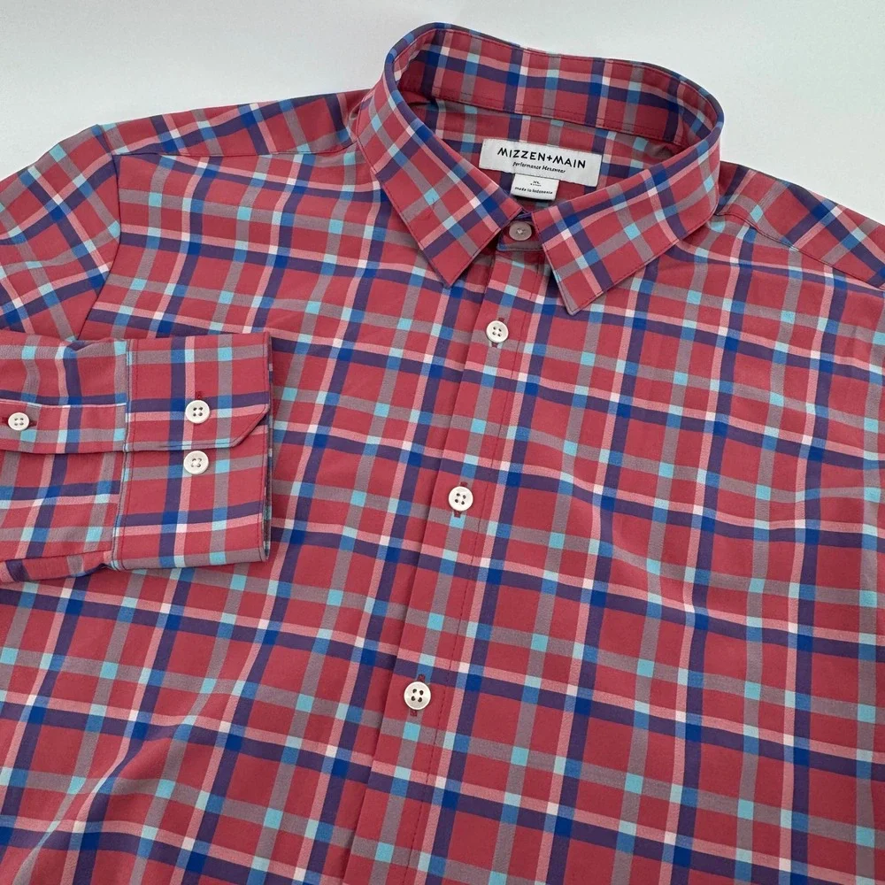 Mizzen + Main Button Down Mens XL Red Plaid Trim Fit Performance Stretch Shirt